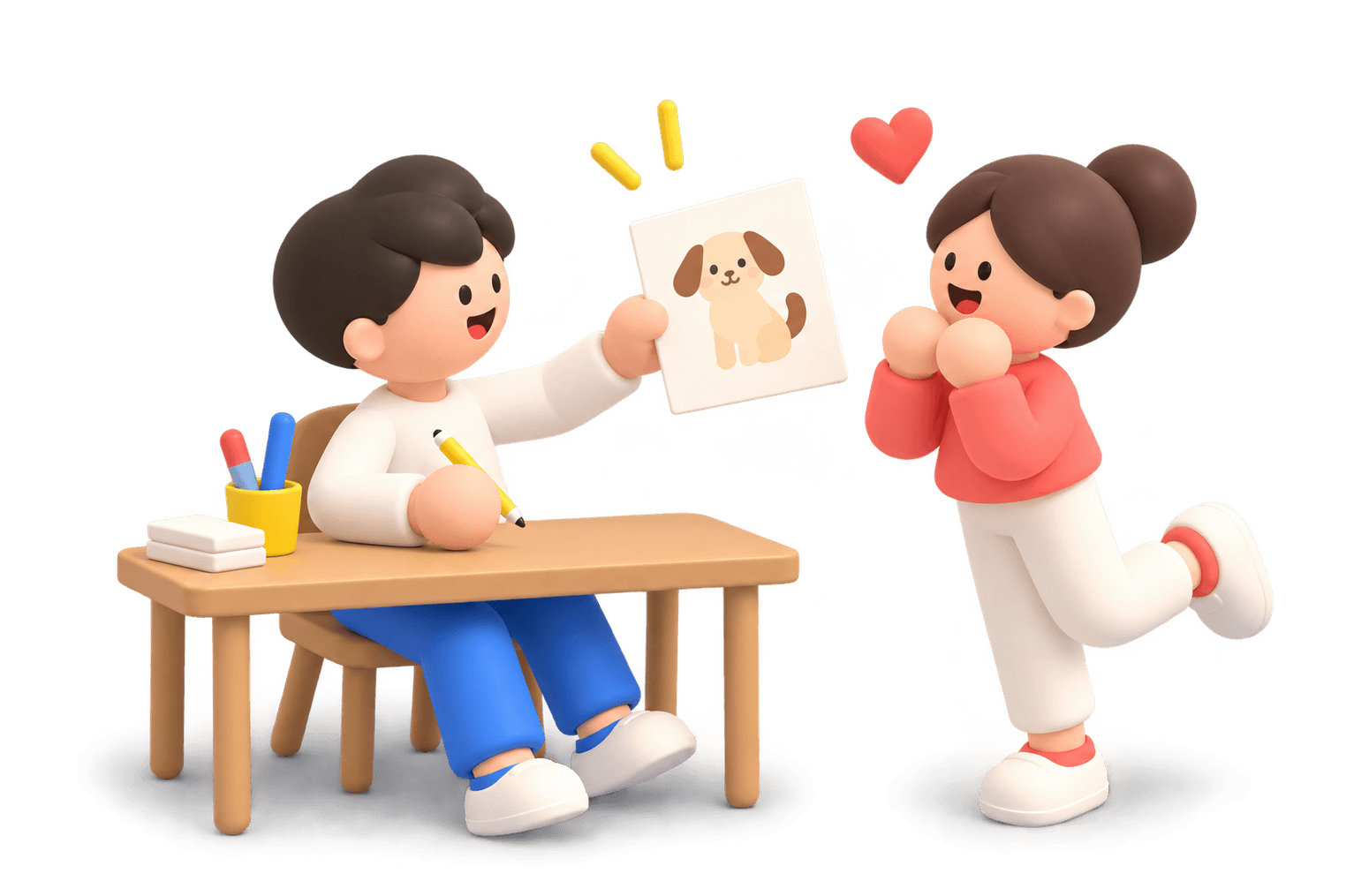 描いた犬のイラストを見せるクリエイターと、笑顔で応援するファン